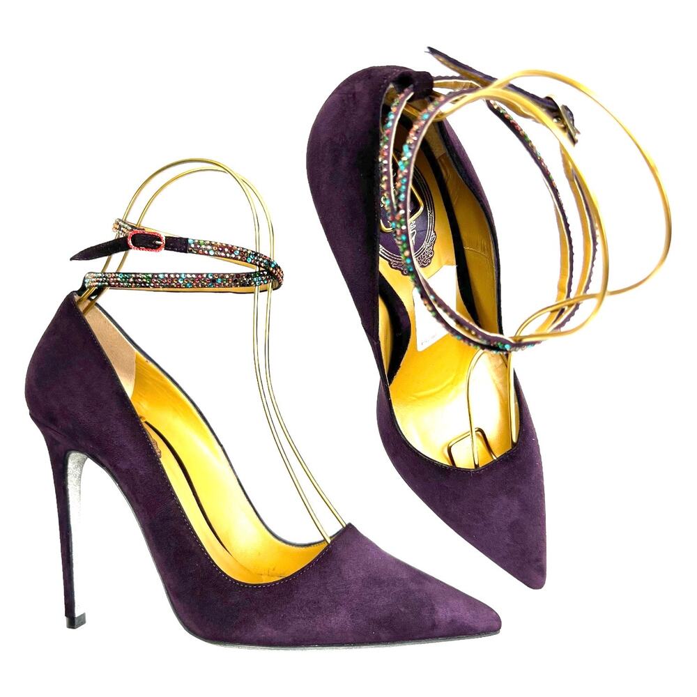 Rene Caovilla Purple Heels with Gold Ankle Straps